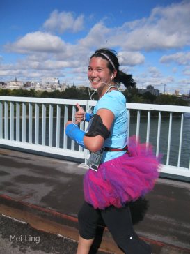 Mei wearing a tutu running in Montreal
